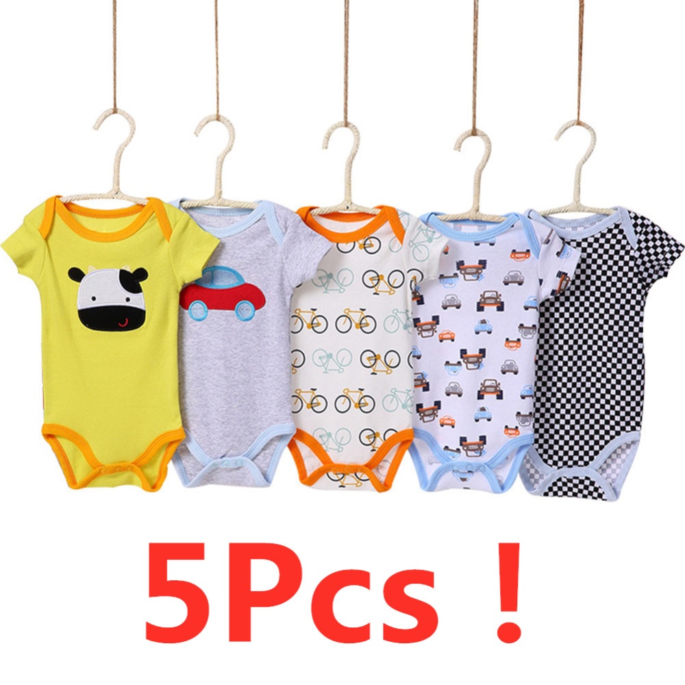 5 Pcs Infant Boys Girls Summer Casual Cute Cartoon Printing Short Sleeve Romper Random Color Male baby color random_6M