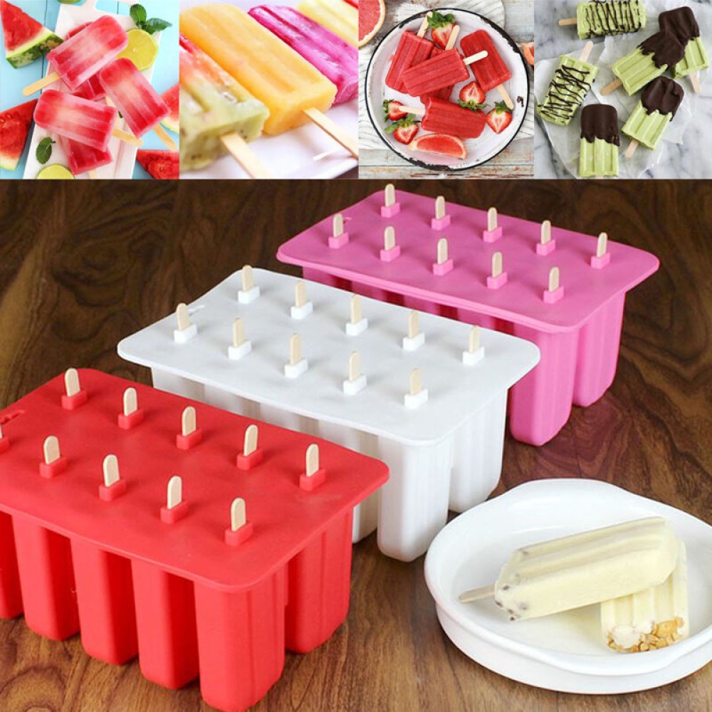 10 Cells Ice Cream Popsicle Frozen Mold Silicone Lolly Maker Mould Tray with Cover Lid white - Image 3