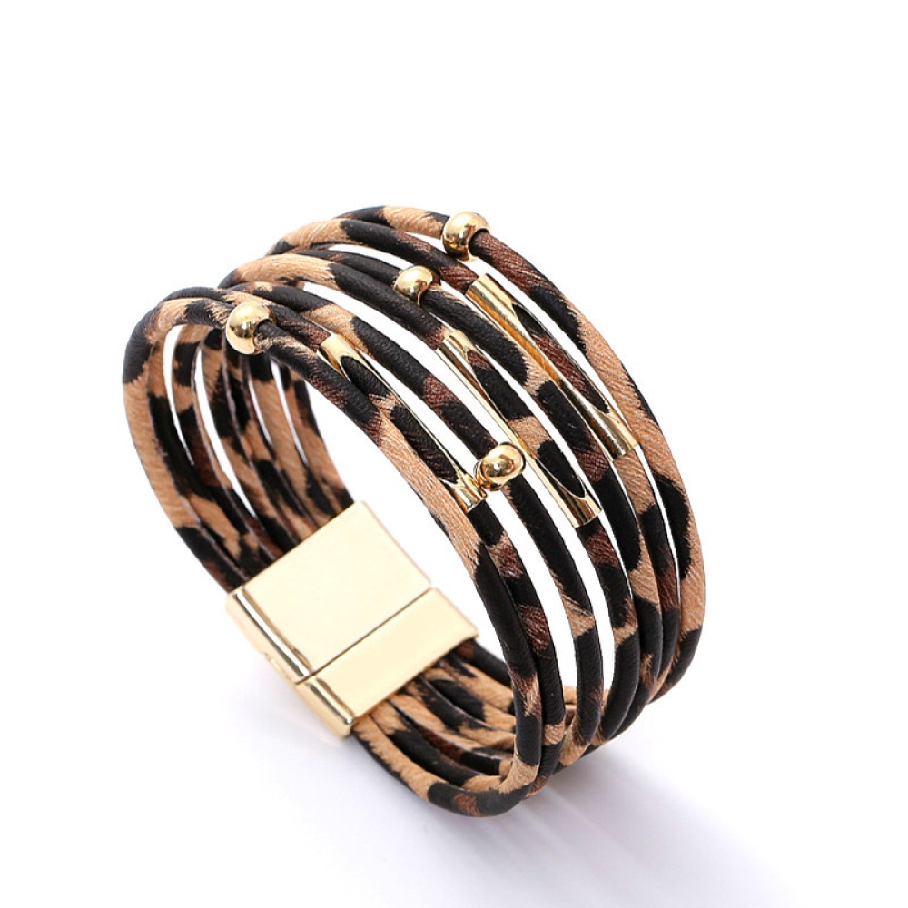 Women Fashion Leopard Printing Alloy Magnetic Buckle Leather Bracelet Beige