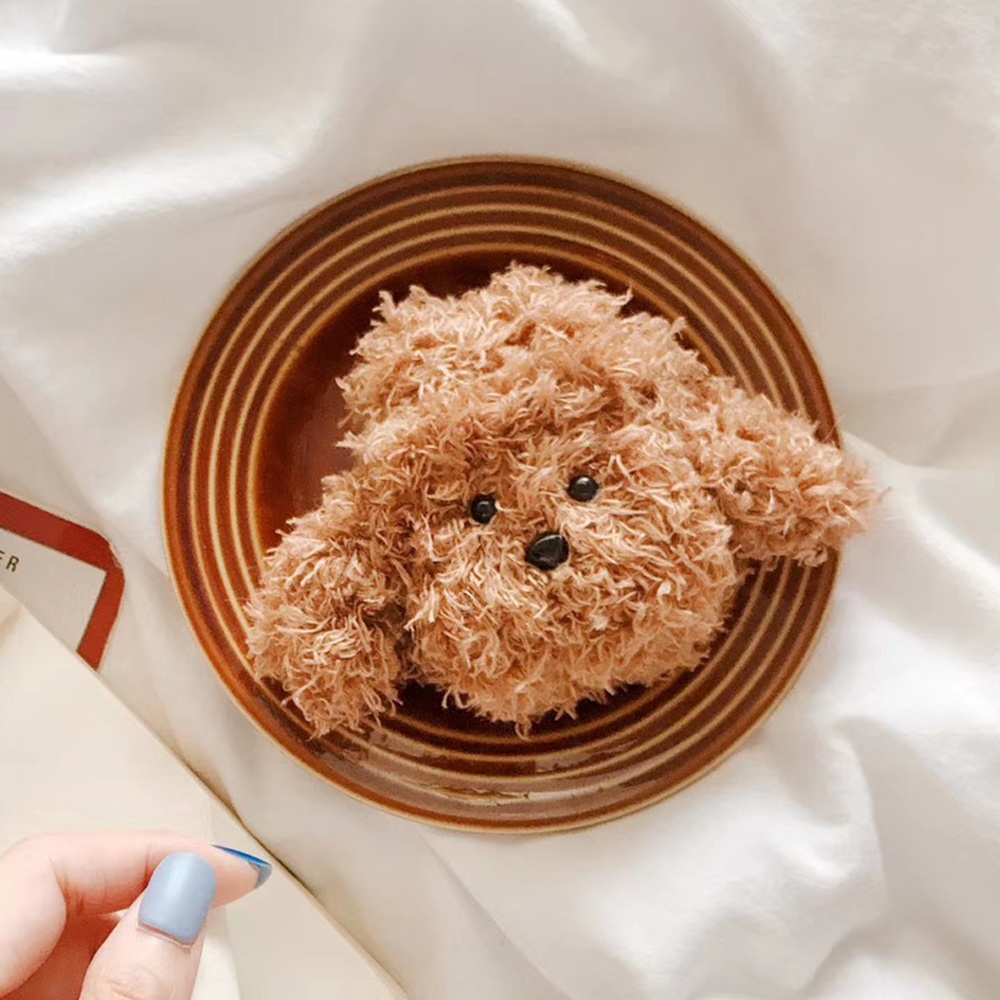 Earphone Storage Case for AirPods Knit Plush Bag Cute Cartoon Teddy Dog Shape Adorable Headphone Protector dark brown