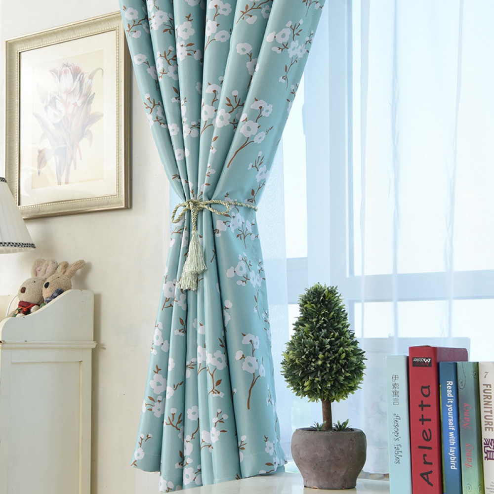 Bombax Flower Printing Curtains for Bedroom Living Room Balcony Window Shading blue_1.5m wide x 2m high punch - Image 3