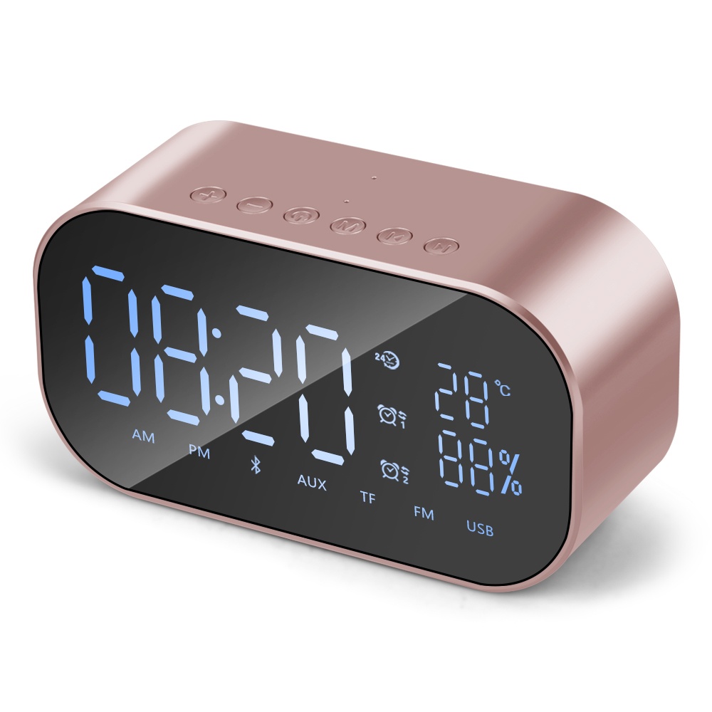 Mini Bluetooth Speaker Wireless Stereo Portable LCD FM Radio Alarm Clock Outdoor Rose gold