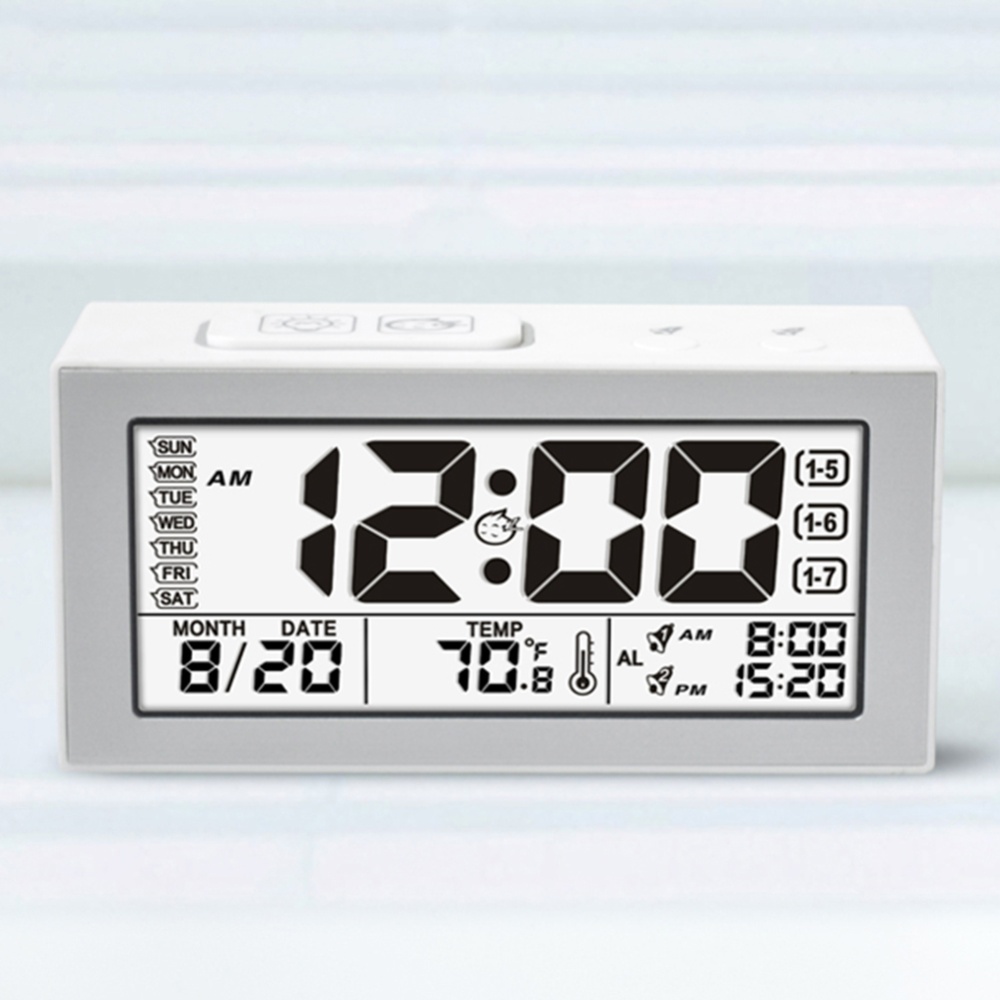 Smart Silent Luminous Alarm Clock 2 Kinds Ring LCD Wide View Screen English Edition white