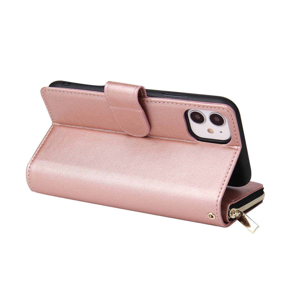 For iphone X/XS/XS MAX/11/11Pro Pu Leather Mobile Phone Cover Zipper Card Bag + Wrist Strap Rose gold - Image 2