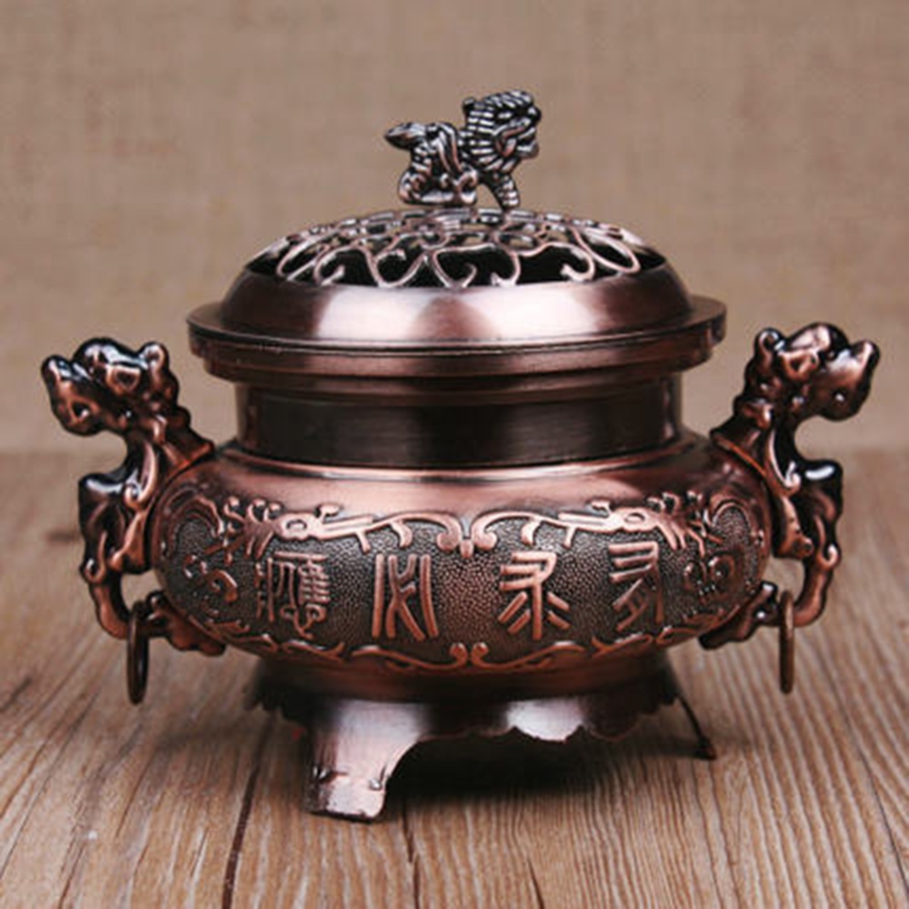 Retro Style Alloy Incense Burner Double Dragon Hollow Cover Censer Cone Holder Home Decoration Copper color