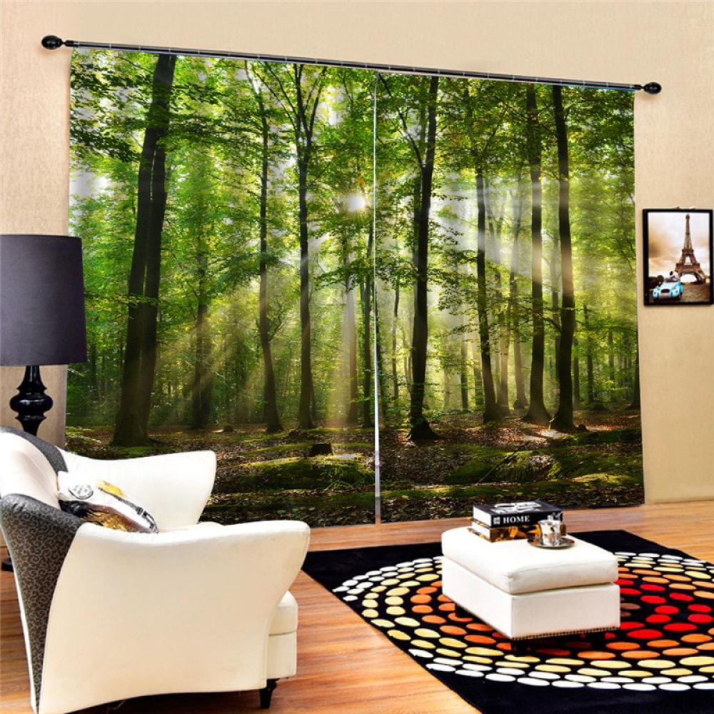 2pcs 75*166cm Blackout Curtain Anti-UV Forest Print Drapes for Home Bedroom Balcony Decoration green_150cm X 166cm(W*H) - Image 2