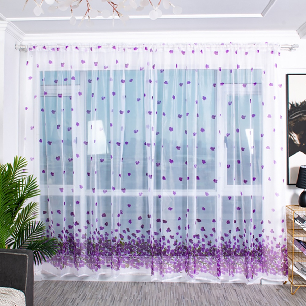 Transparent Sheer Window Panel Curtains with Flower Print for Living Room Bedroom Kitchen purple_W 100cm * H 200cm