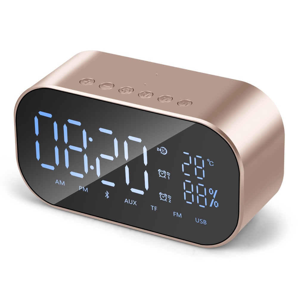 Mini Bluetooth Speaker Wireless Stereo Portable LCD FM Radio Alarm Clock Outdoor Gold