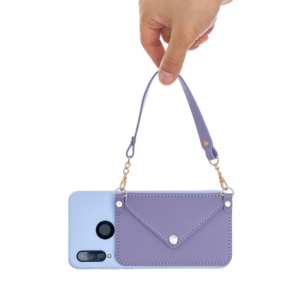 For HUAWEI P30/P30 Lite/P30 Pro Mobile Phone Cover with Pu Leather Card Holder + Hand Rope Straddle purple - Image 2