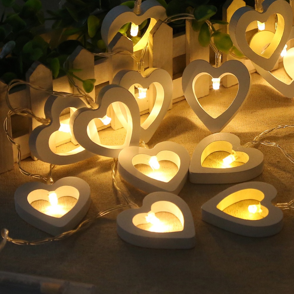 Wooden Heart A String of 10 LED Lights Romantic Valentine's Day Christmas Birthday Wedding Party Decoration Warm white