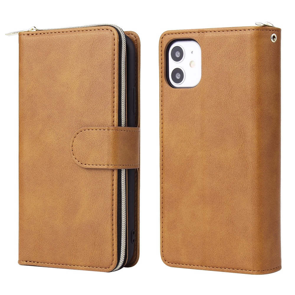 For iphone X/XS/XS MAX/11/11Pro Pu Leather Mobile Phone Cover Zipper Card Bag + Wrist Strap brown - Image 2