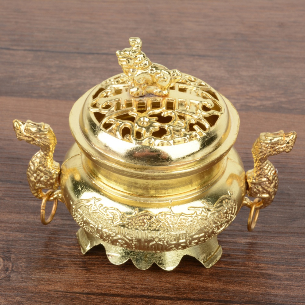 Retro Style Alloy Incense Burner Double Dragon Hollow Cover Censer Cone Holder Home Decoration Golden