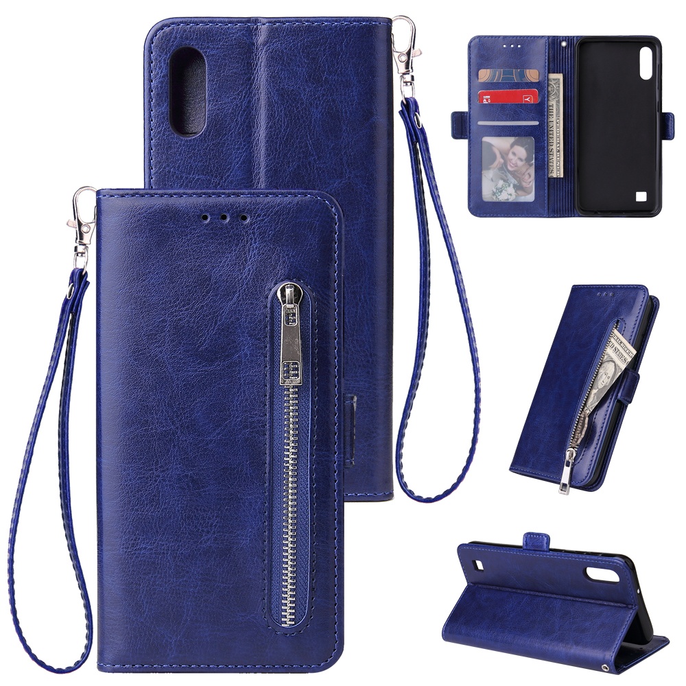 For Samsung A10 Solid Color PU Leather Zipper Wallet Double Buckle Protective Case with Stand & Lanyard gold - Image 2