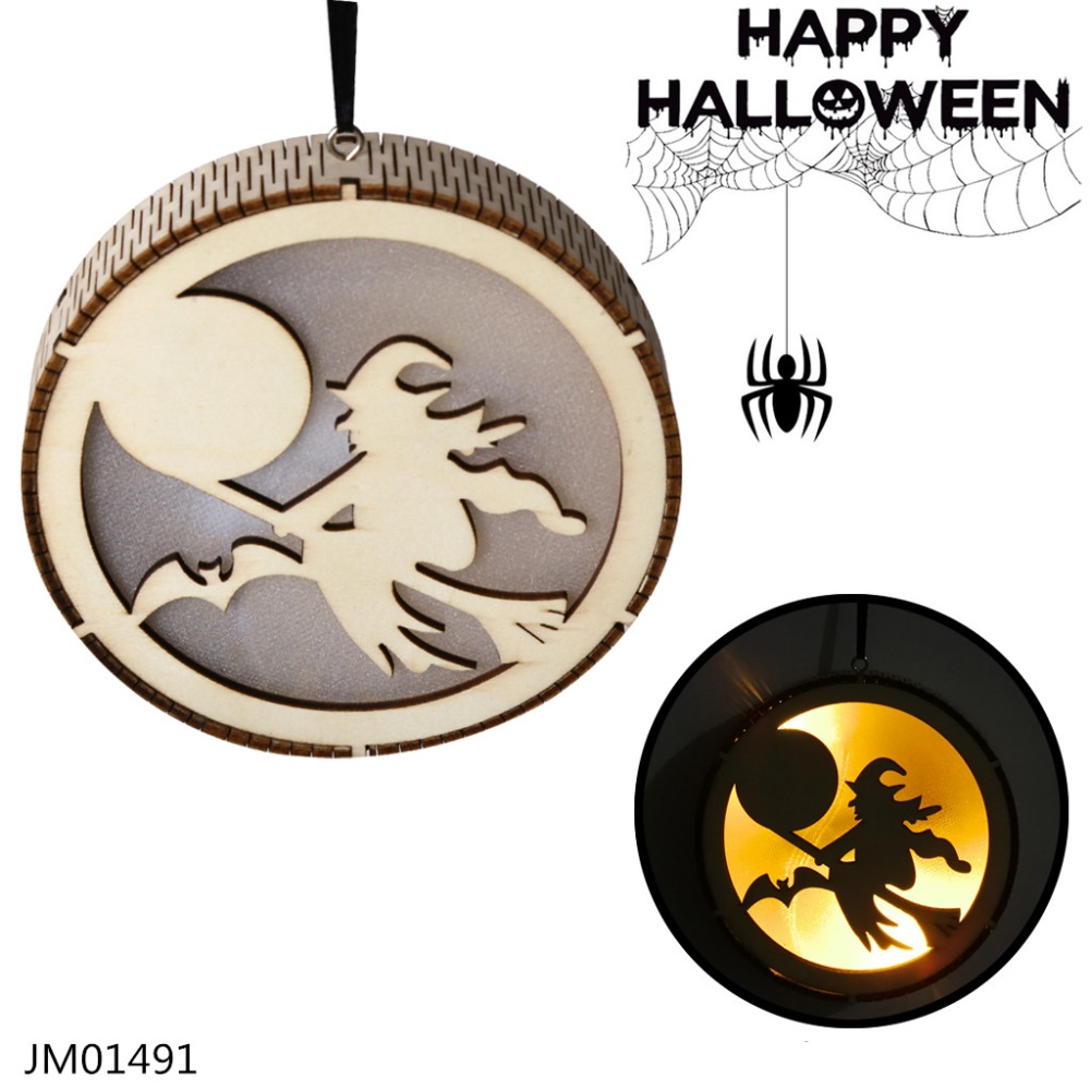 Wooden Round Shape Hollow-out Carving Hanging Pendant LED Light for Halloween Decor JM01491 - Image 2