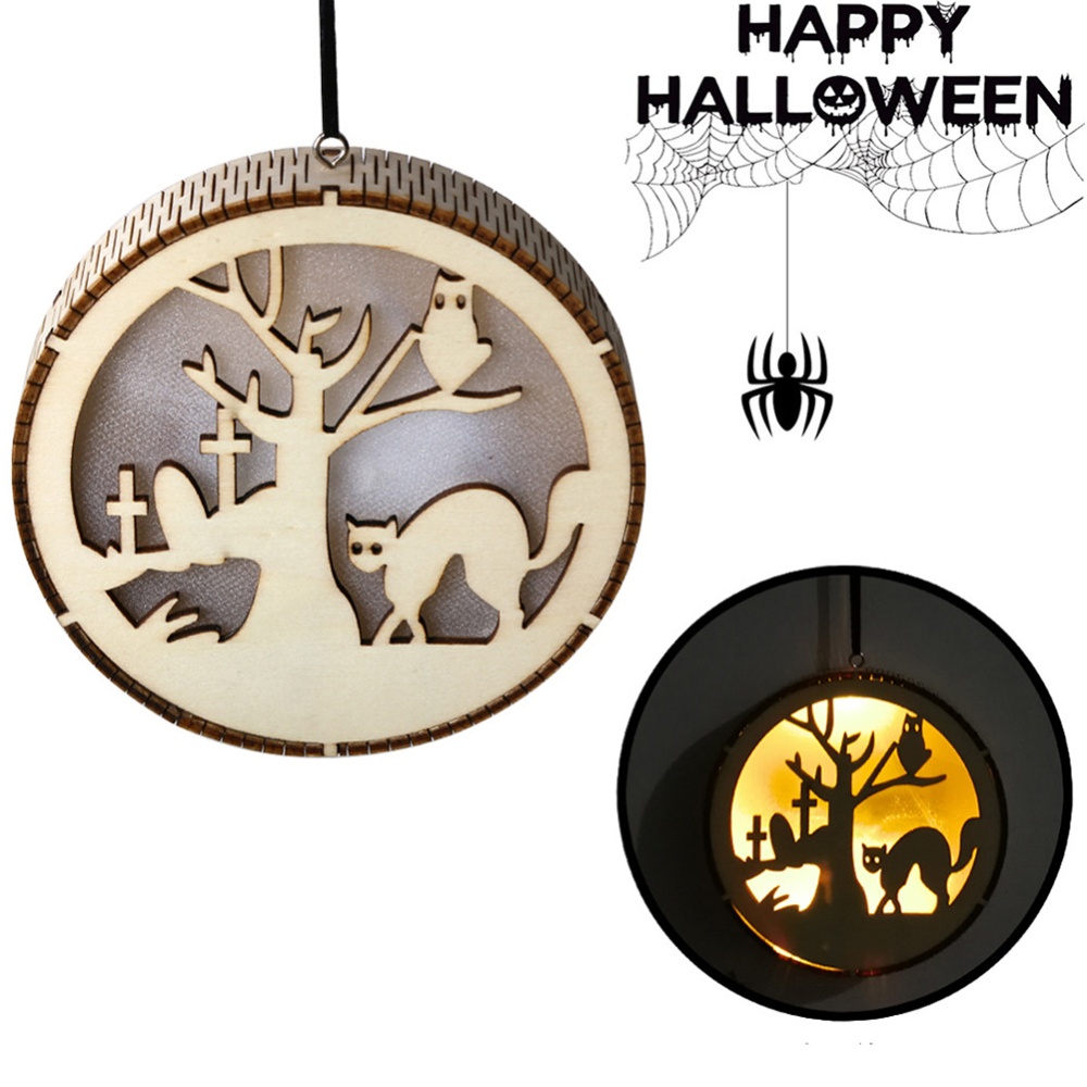 Wooden Round Shape Hollow-out Carving Hanging Pendant LED Light for Halloween Decor JM01490 - Image 2