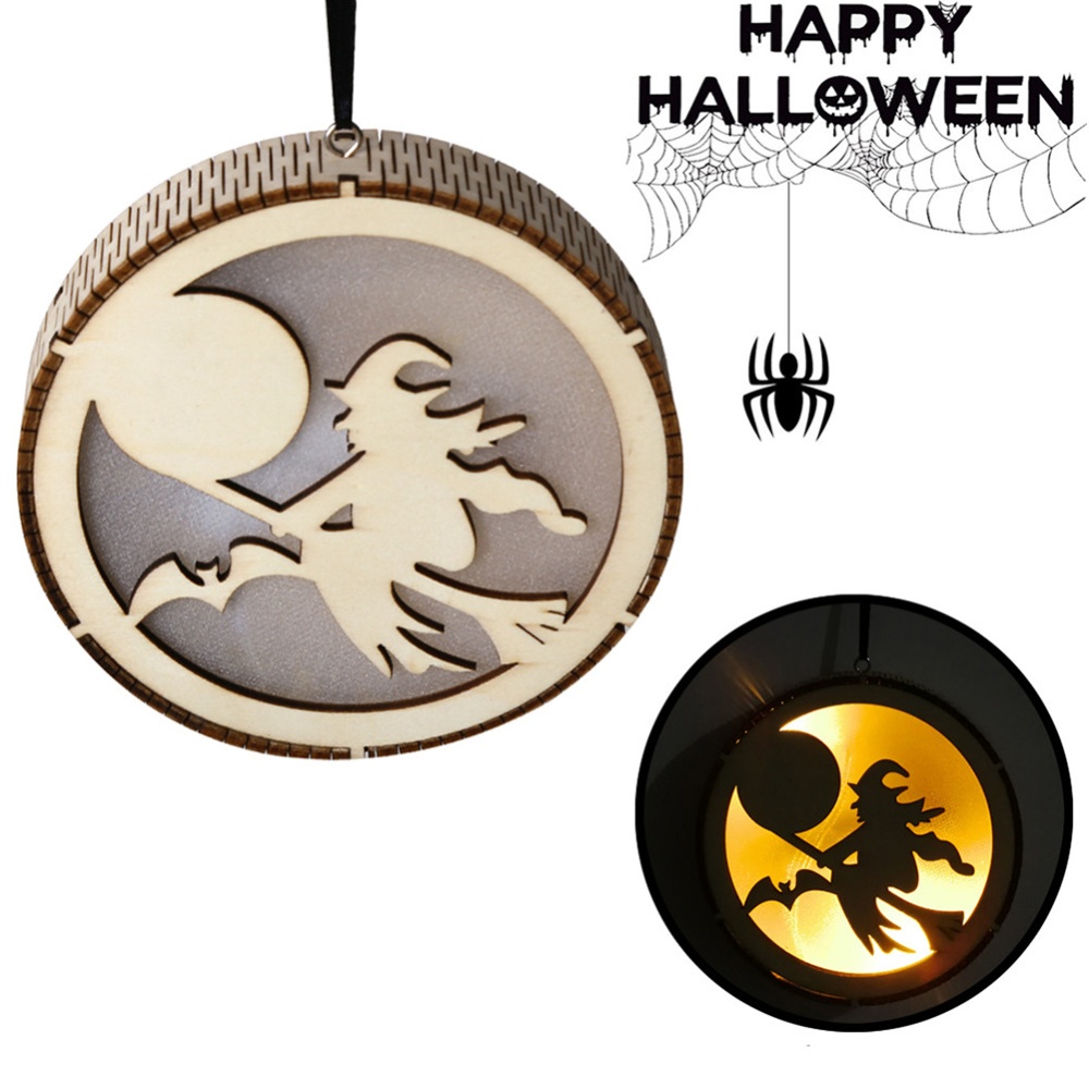 Wooden Round Shape Hollow-out Carving Hanging Pendant LED Light for Halloween Decor JM01491 - Image 3