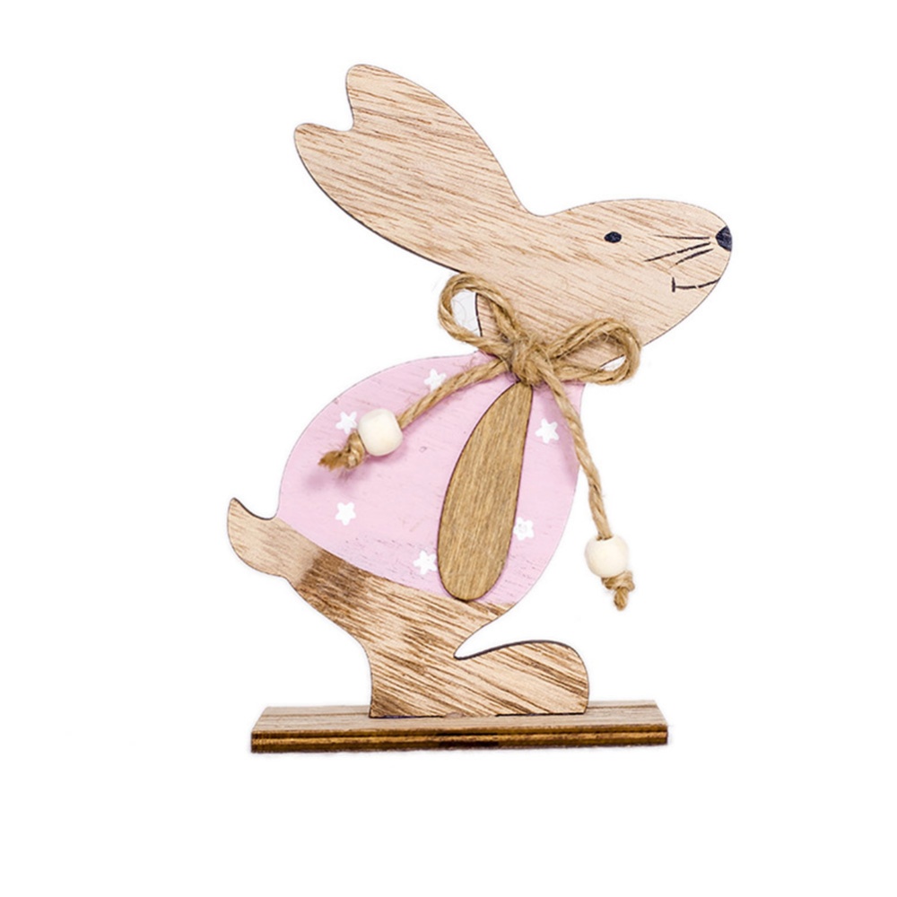 Wooden Rabbit Shape Table Top Stand Decoration for Easter A pink clothes flower rabbit