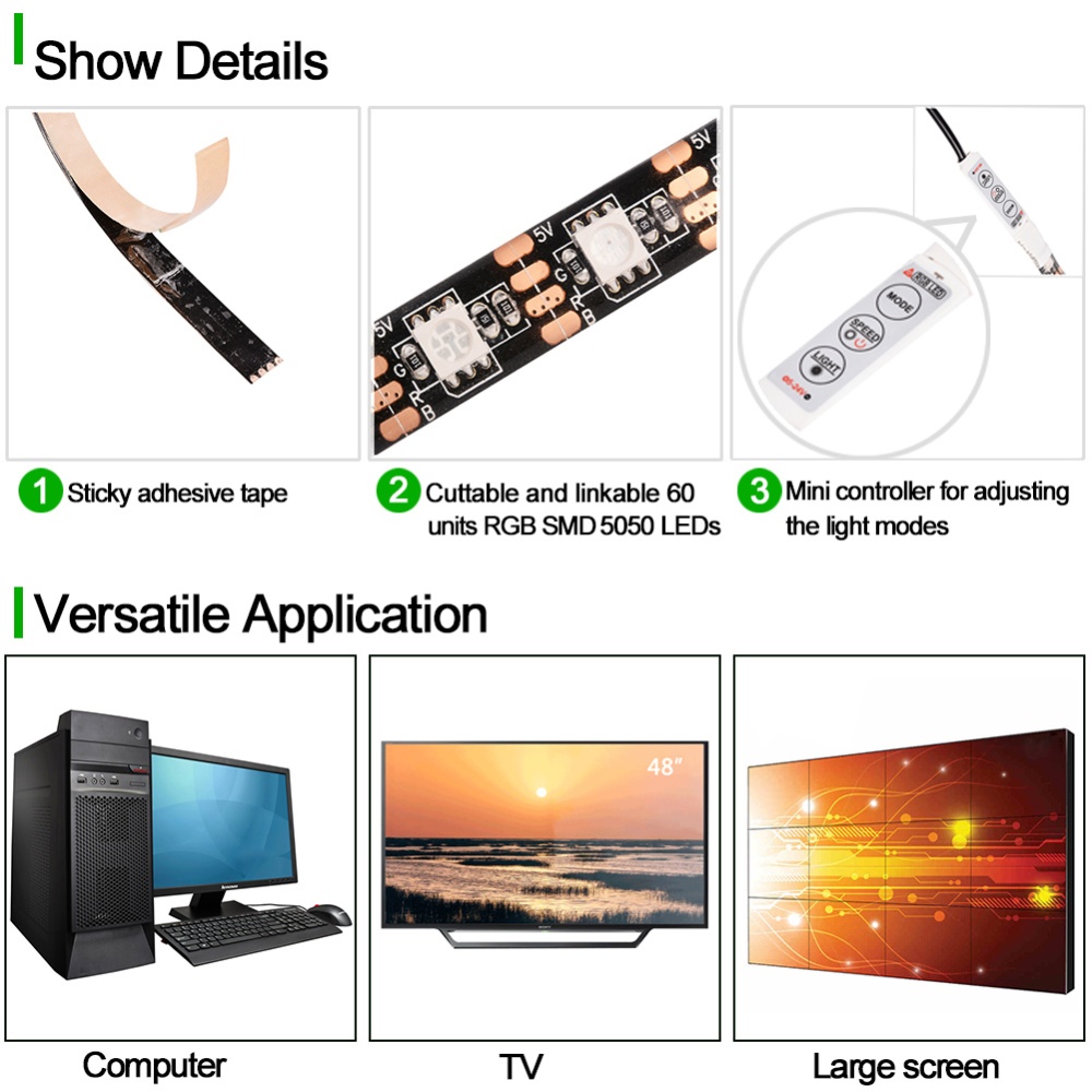 SOLLED 2 Packed 1M 60LEDs TV LED Strip Light USB Port SMD 5050 Black PCB RGB Color Changing Kit - Image 3