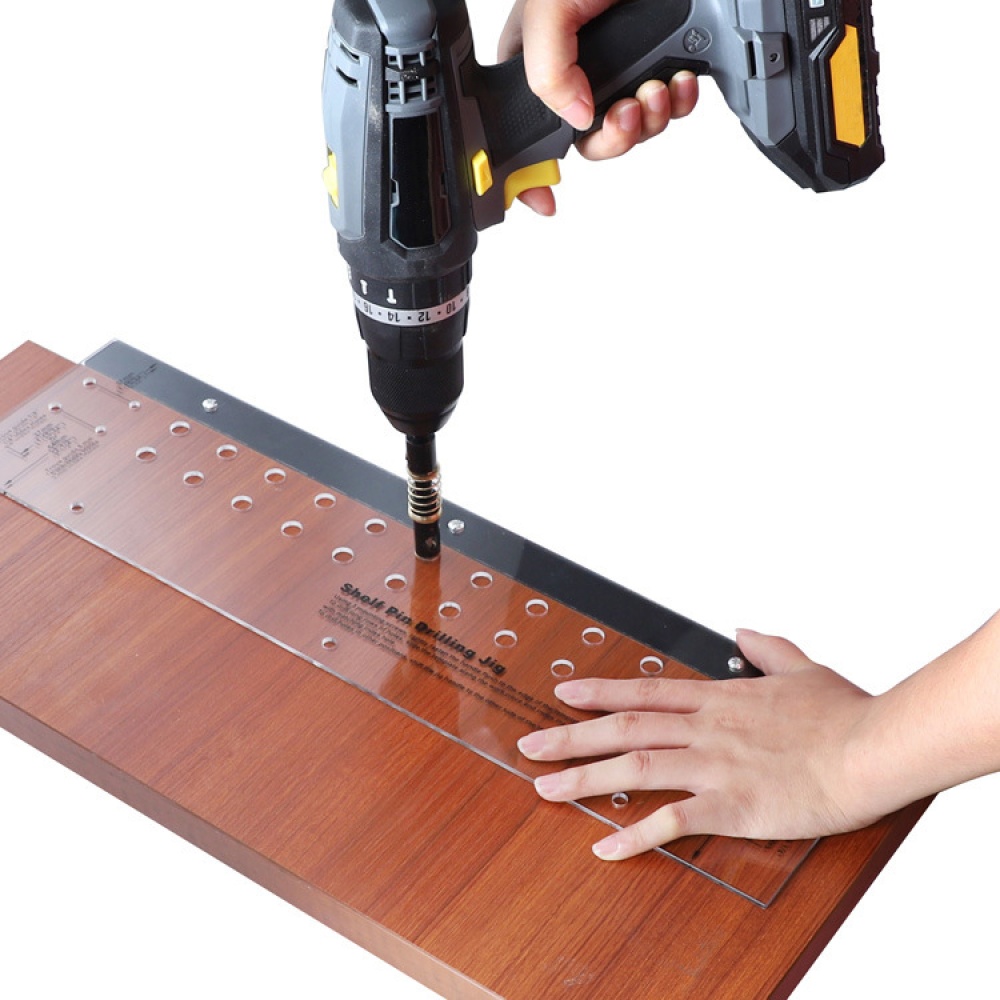 Shelf Pin Drilling Jig with 1/4in Self Centering Bit 11 Holes 19in Long Hinged Tool Transparent + black - Image 2