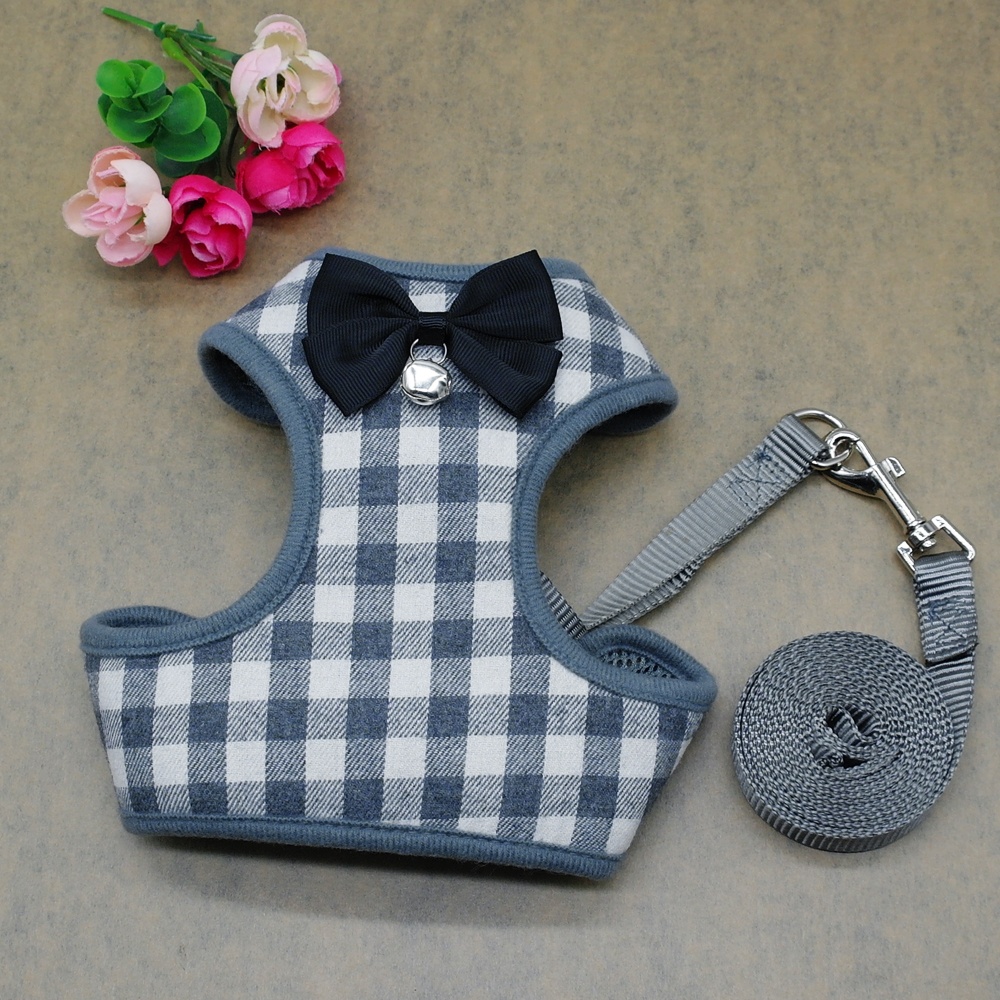 Dog Harness Leash Set Pet Cat Vest with Bowknot for Small Puppy Dogs Chihuahua Yorkies Pug Gray grid_M - Image 2