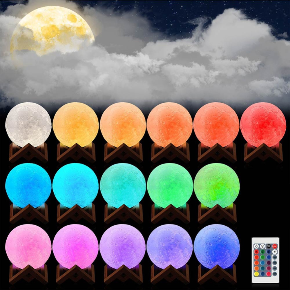 LED 16 Colors 3D Printing Warm Moon Lamp with Remote Control Touch Light for Room Office Decaration - Image 3