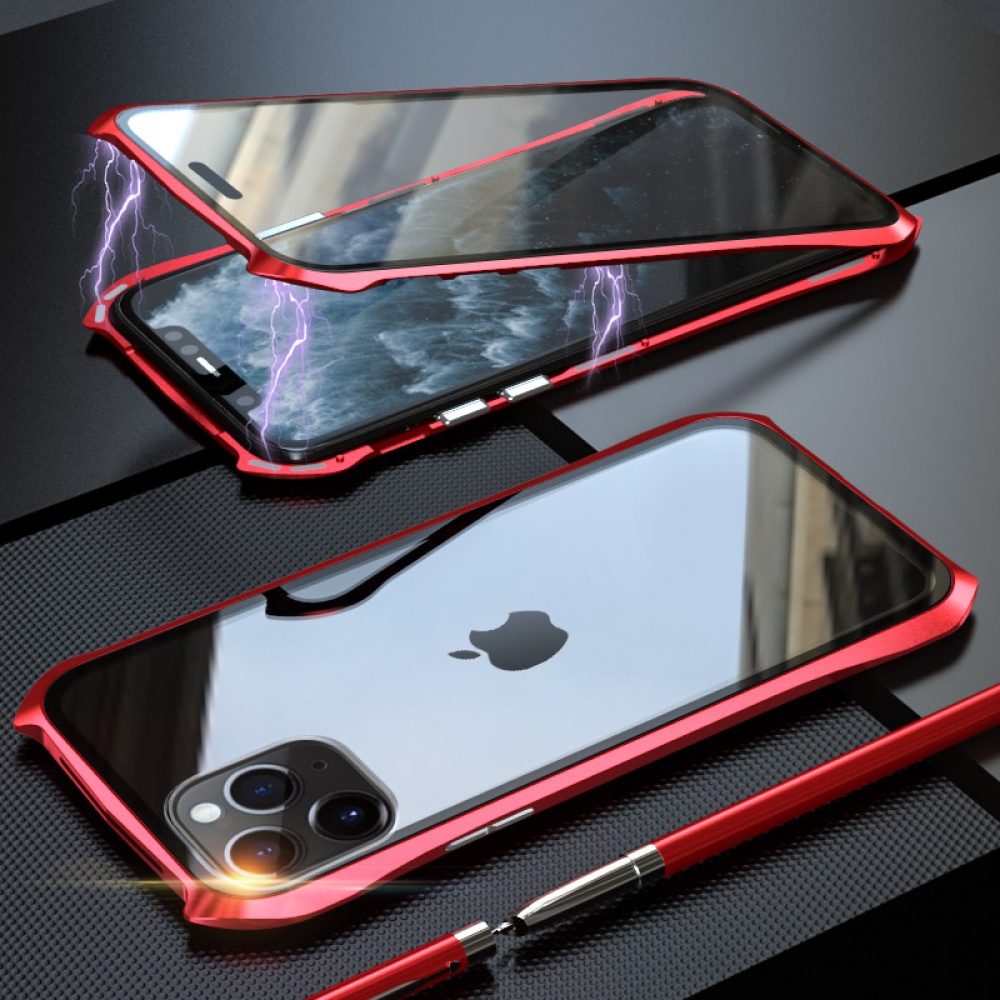 For iPhone 11 Pro/iPhone /iPhone Pro max Front Back Glass Cover Magnet Adsorption Luxury Metal Phone Case red_iPhone - Image 2