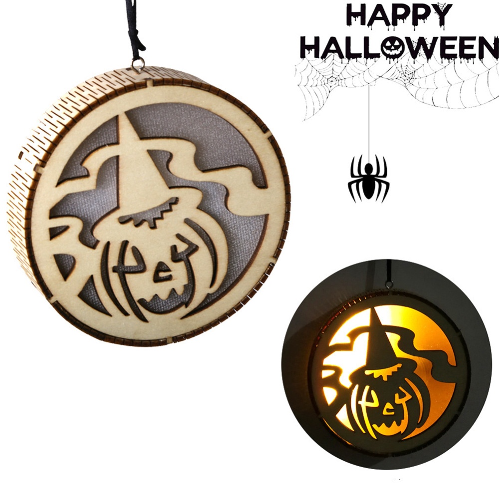 Wooden Round Shape Hollow-out Carving Hanging Pendant LED Light for Halloween Decor JM01493 - Image 3