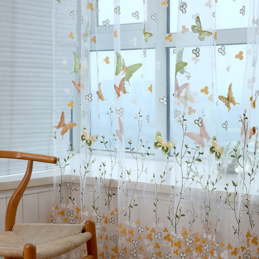 Window Curtain Branch Butterfly Offset Screen for Living Room Home Shading Decoration W100cm * H200cm (wearing rod)_green