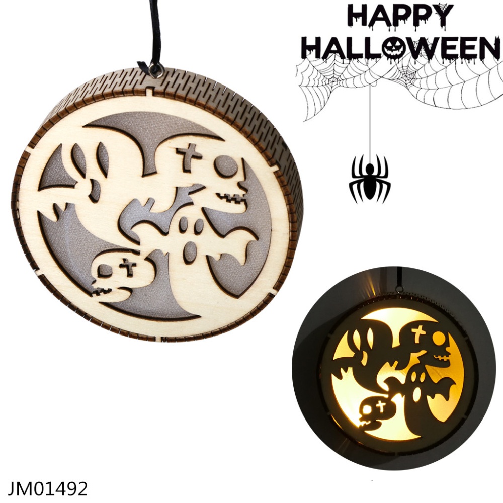 Wooden Round Shape Hollow-out Carving Hanging Pendant LED Light for Halloween Decor JM01495 - Image 3