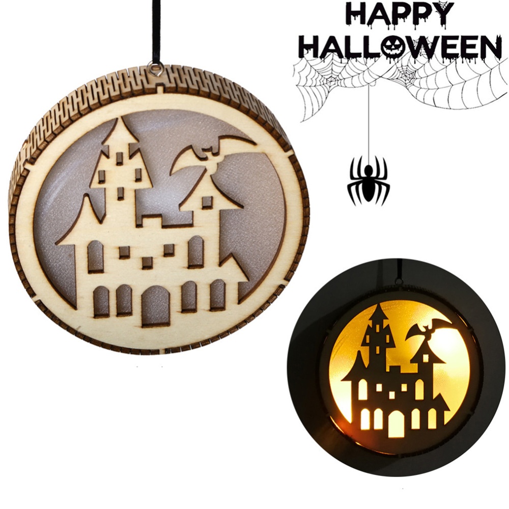 Wooden Round Shape Hollow-out Carving Hanging Pendant LED Light for Halloween Decor JM01494 - Image 3