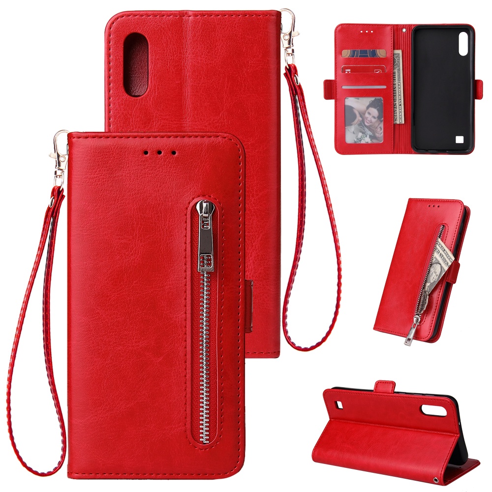 For Samsung A10 Solid Color PU Leather Zipper Wallet Double Buckle Protective Case with Stand & Lanyard red - Image 2