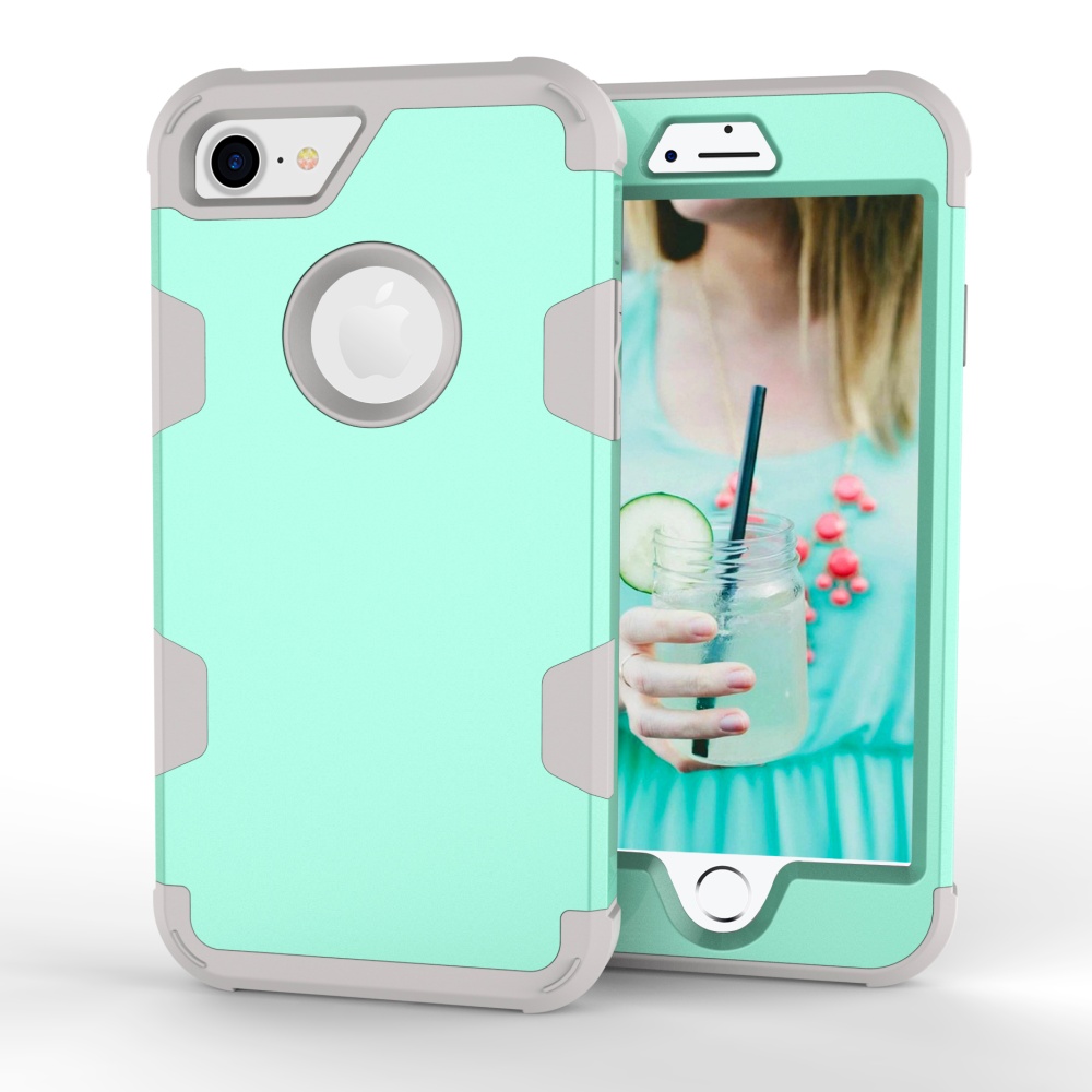 For iPhone 7 PC+ Silicone 2 in 1 Hit Color Tri-proof Shockproof Dustproof Anti-fall Protective Cover Back Case Mint green + gray - Image 2