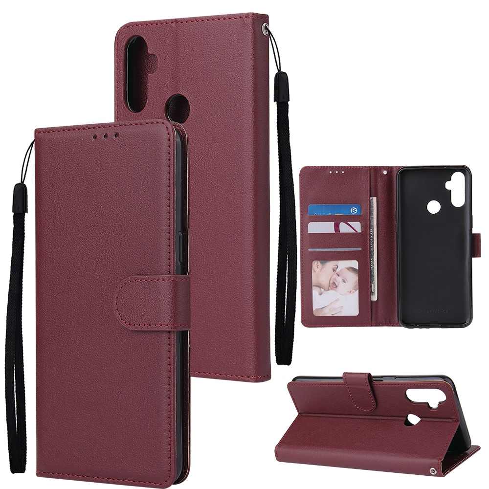 For OPPO Realme C3/Realme 6 PU Leather Mobile Phone Cover with 3 Cards Slots Frame wine red - Image 2