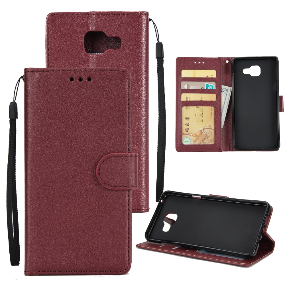 For Samsung On7-2016/J7 Prime Protective Cover PU Cell Phone Case with Card Slot wine Red - Image 2