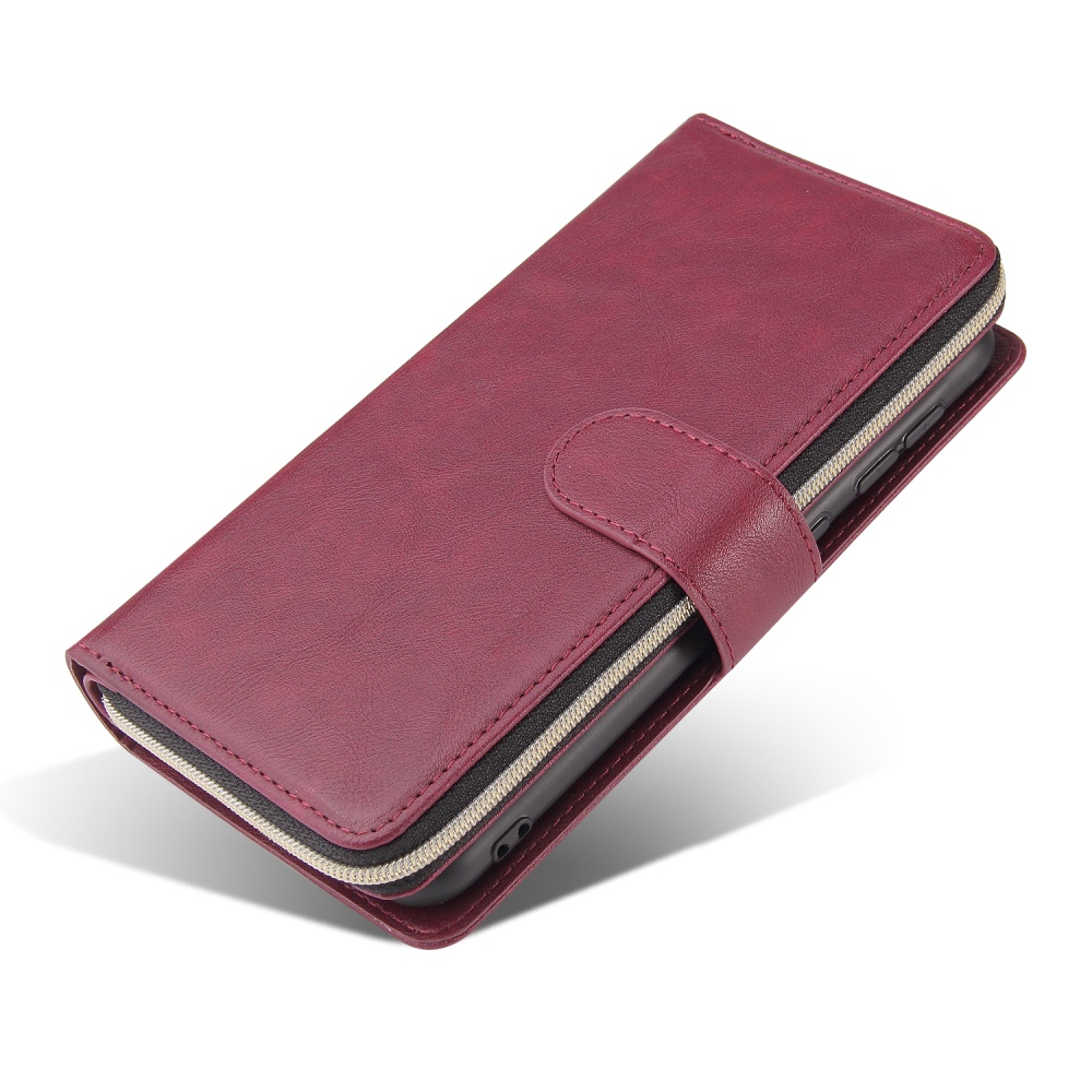 For Samsung A10/A20/A30/A50/A30S/A50S Pu Leather Mobile Phone Cover Zipper Card Bag + Wrist Strap Red wine - Image 2