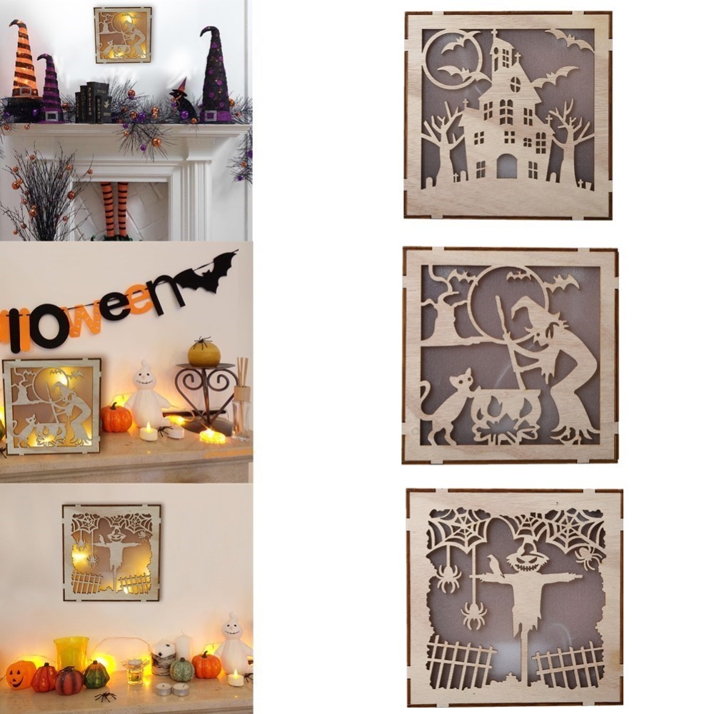 Wooden Hollow-out Carving LED Lamp Hanging Pendant for Home Halloween Wall Tabletop JM01496 - Image 3