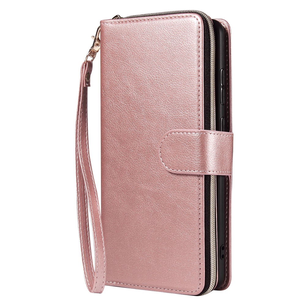 For Samsung S10/S20/S10E/ S10 Plus Pu Leather Mobile Phone Cover Zipper Card Bag + Wrist Strap Rose gold - Image 2