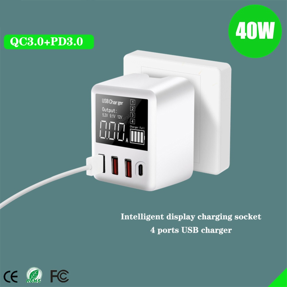 Portable Qc3.0 4 Ports Usb Charger Multi-port 40w Fast Charging Compact Design Mobile Phone Adapter With Led Display EU plug - Image 2