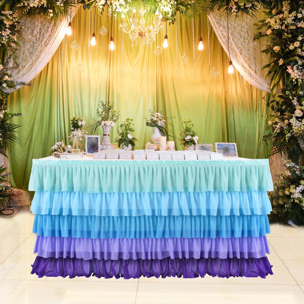 5Layers Violet Blue Splicing Chiffon Table Skirt for Wedding Party Decor blue_9FT