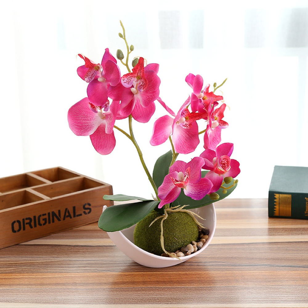 3-branch Simulate Butterfly Orchid with Flowerpot Potted Artificial Plant Home Garden Office Decoration rose Red - Image 2