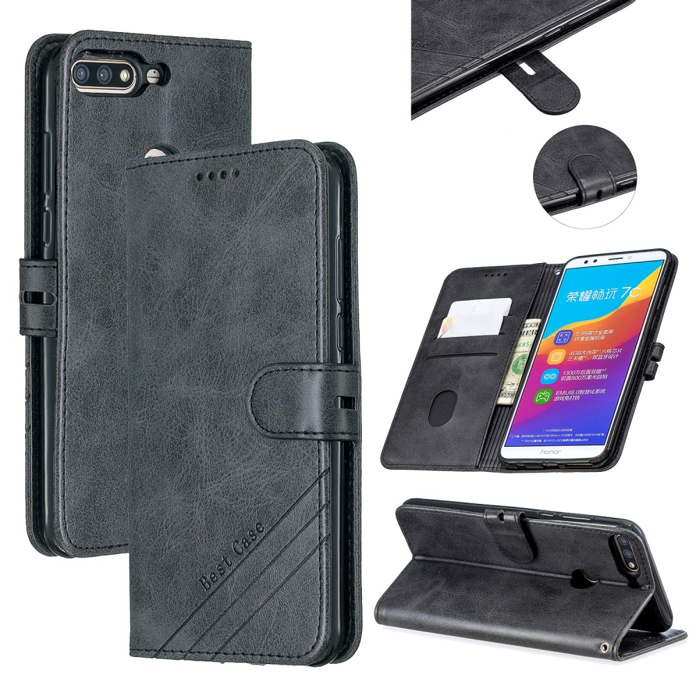 For HUAWEI Honor 7C-Enjoy 8-Y7 2018-Y7 Pro 2018 Denim Pattern Solid Color Flip Wallet PU Leather Protective Phone Case with Buckle & Bracket - Image 2