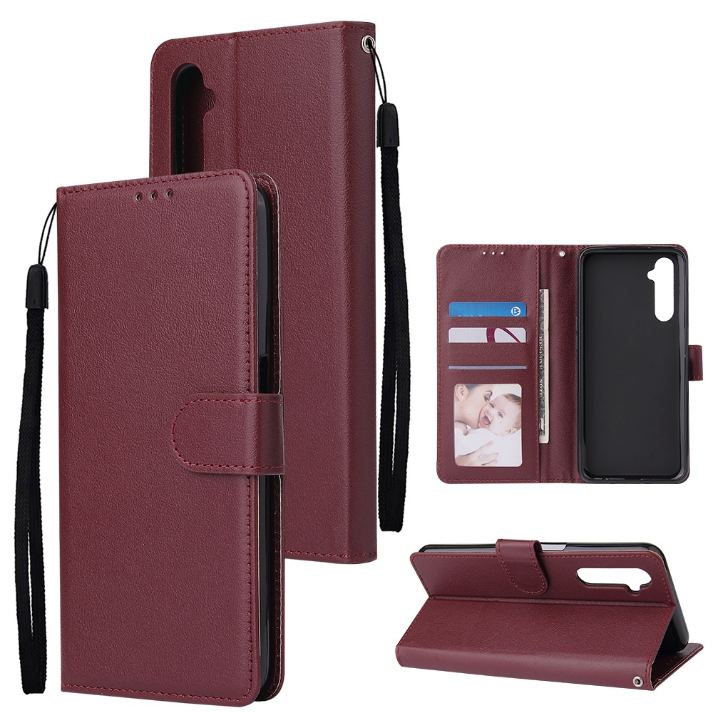 For OPPO Realme C3/Realme 6 PU Leather Mobile Phone Cover with 3 Cards Slots Frame wine red - Image 2