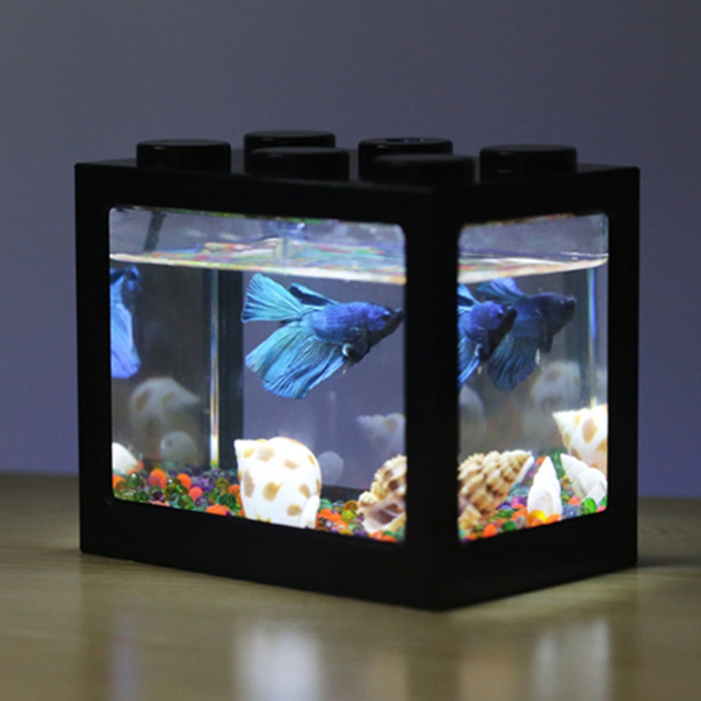 Mini Aquarium with Light Fishbowl for Home Office Tea Table Decoration Black