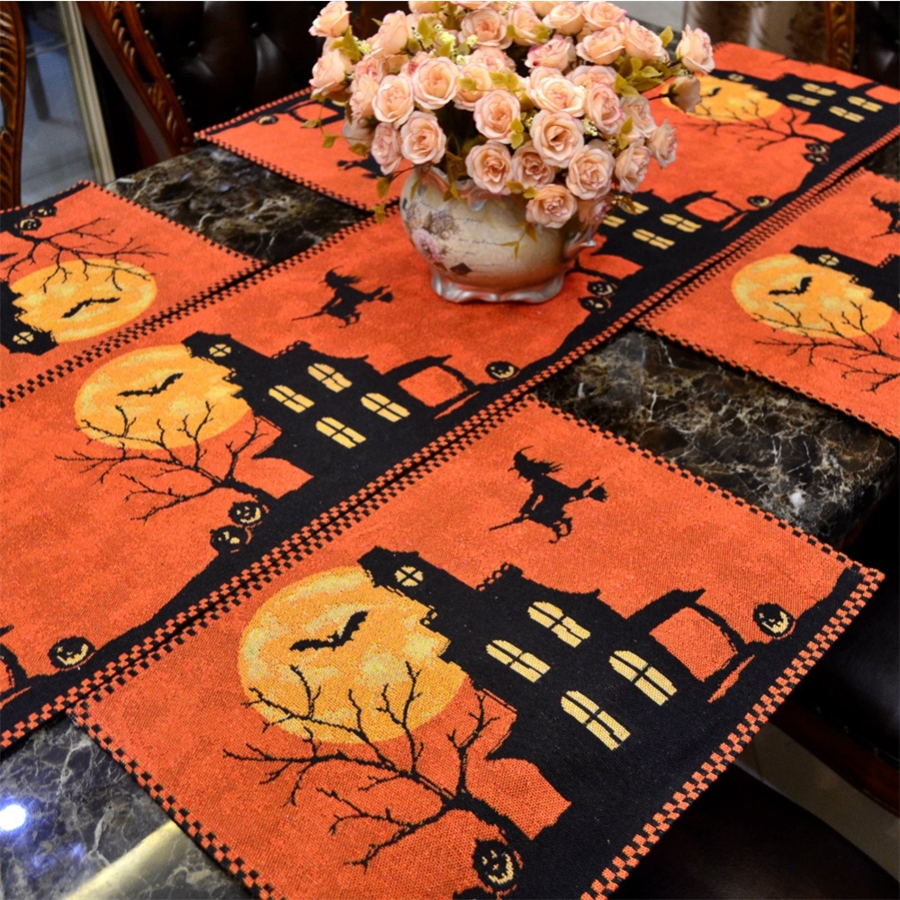 Halloween Yarn-dyed Jacquard Table Flag Castle Bat Tablecloth Placemat Home Decorations - Image 3