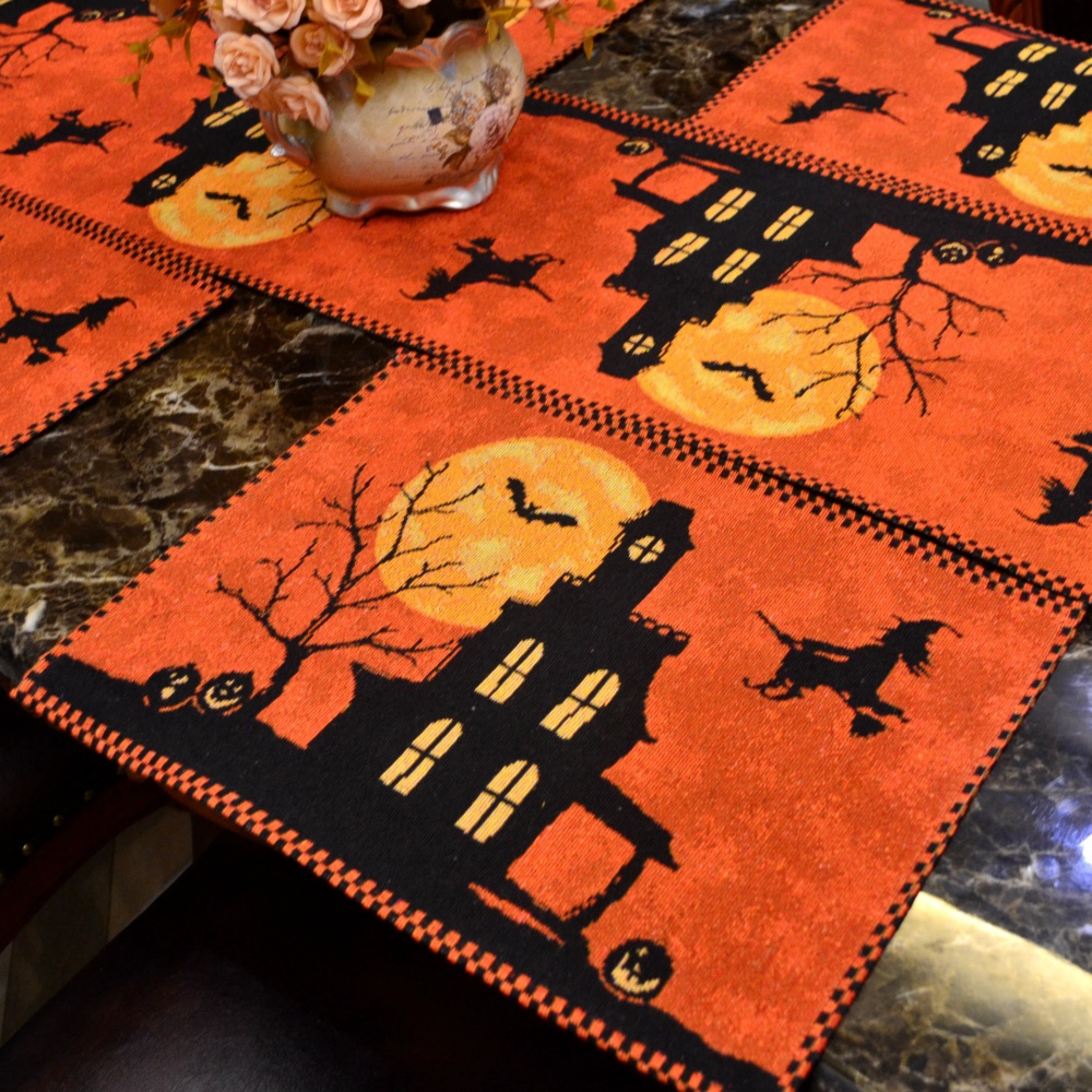 Halloween Yarn-dyed Jacquard Table Flag Castle Bat Tablecloth Placemat Home Decorations - Image 2