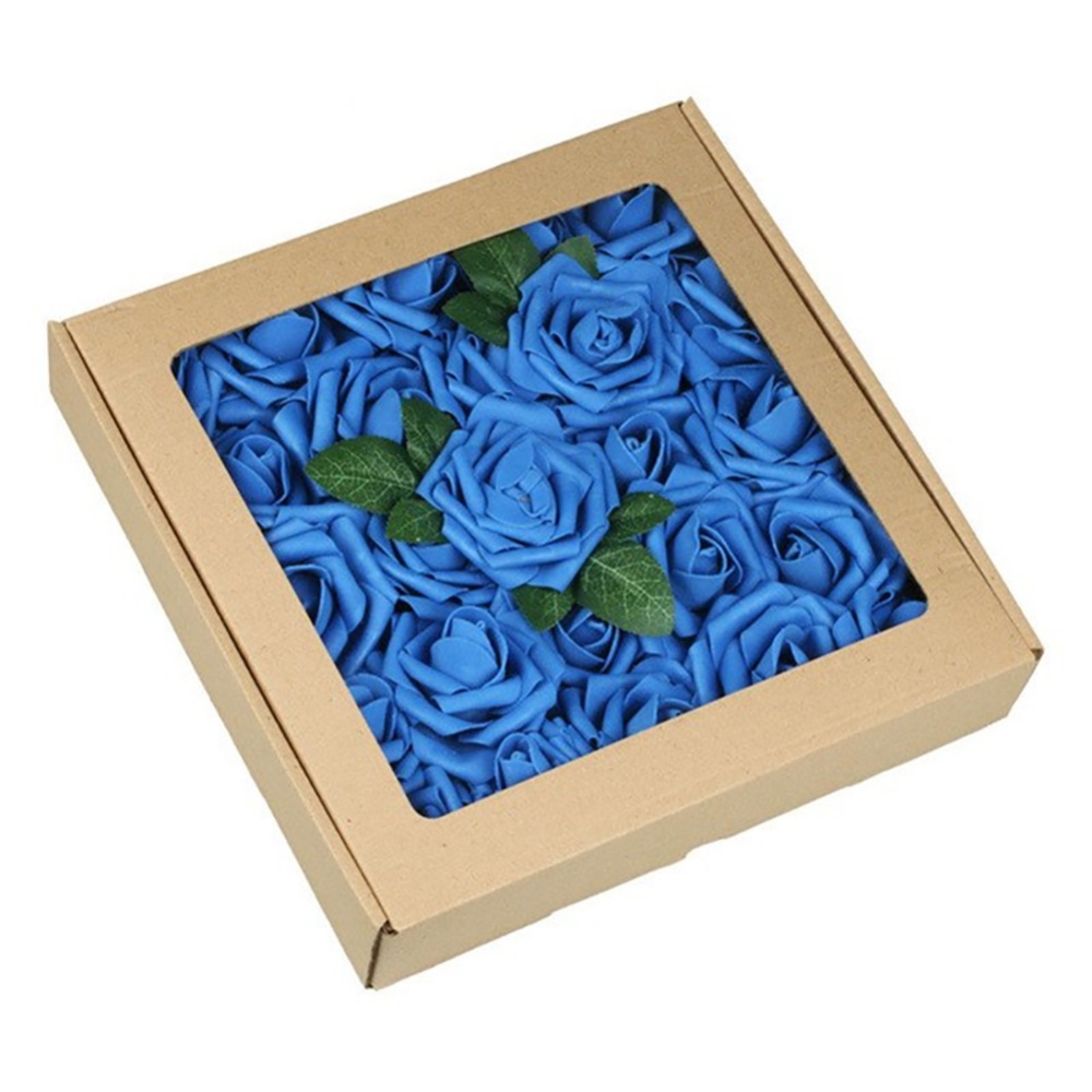 50Pcs 8CM Artificial Rose Fake Flower with Leaves for Home Wedding Party Decoration sapphire