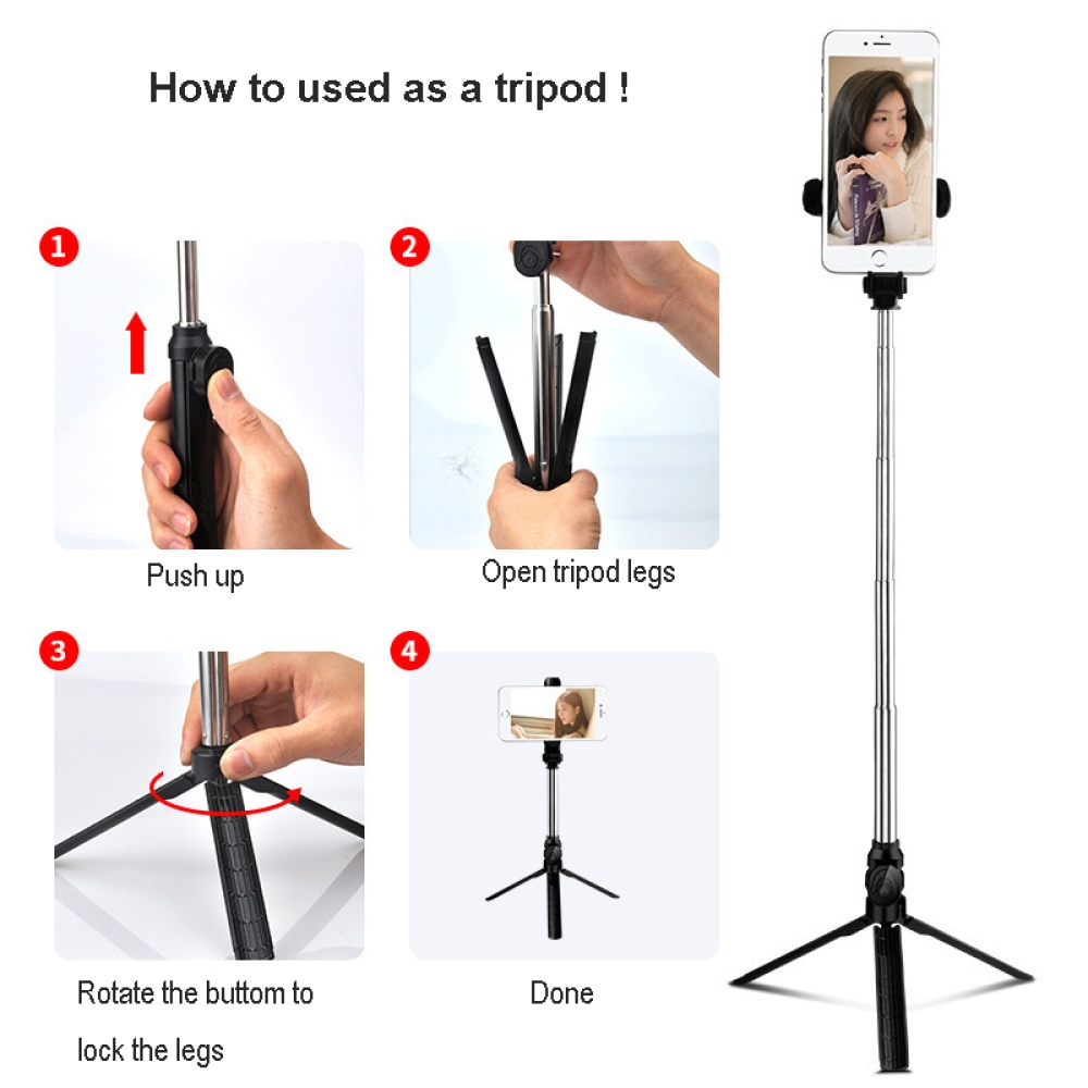 Xt10 Selfie Stick Wireless Bluetooth Tripod With Remote Control Monopod Shutter XT10 Stick-Black - Image 2