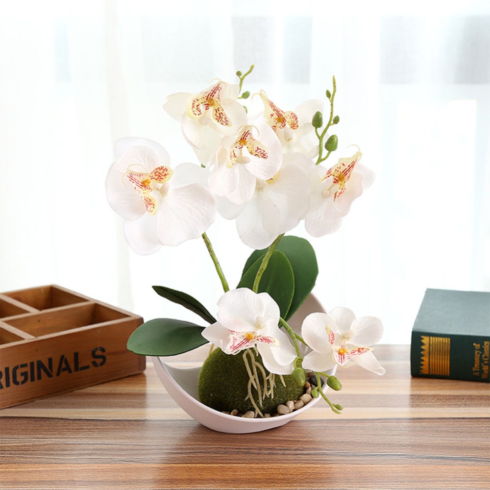 3-branch Simulate Butterfly Orchid with Flowerpot Potted Artificial Plant Home Garden Office Decoration white - Image 2