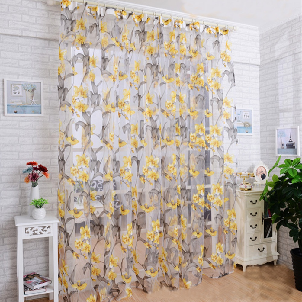 Window Curtain Tulle with Yellow Floral Printing for Bedroom Living Room Balcony 1m wide * 2m high_Yellow yarn