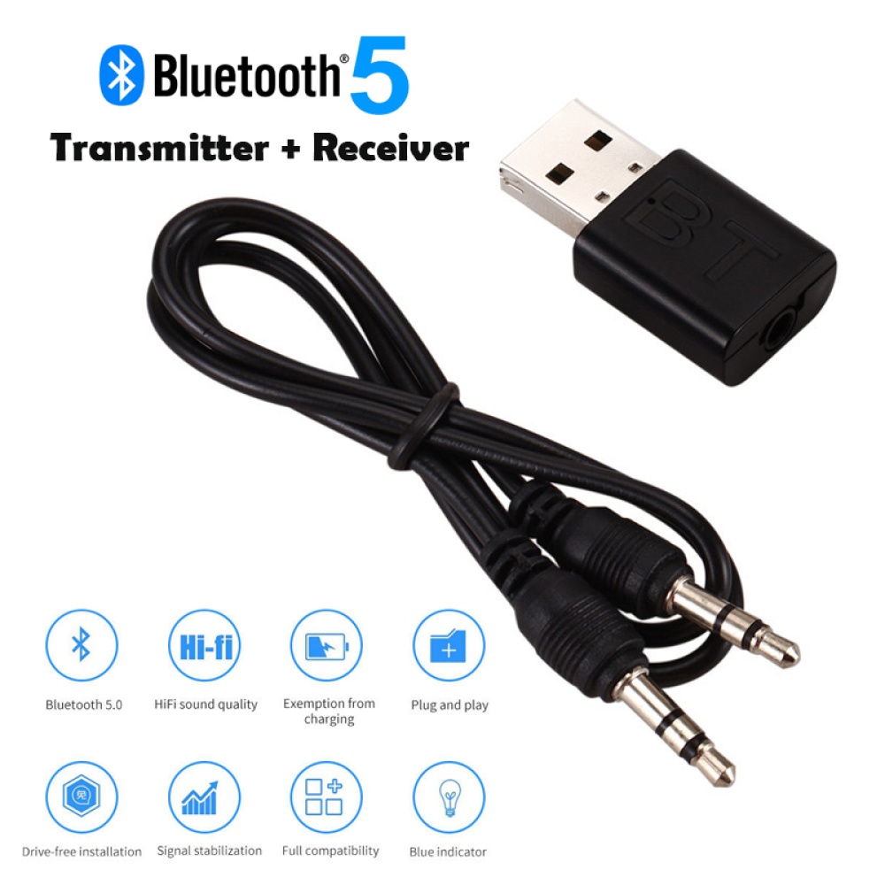 USB Bluetooth 5.0 Transmitter Receiver 3.5mm AUX Audio Cable for TV PC Car Speaker black - Image 2